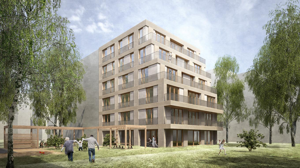 Computergefertigte Grafik von einem 6-stöckigen modernen Wohnhaus in Holzbauweise und mit Staffelgeschoss