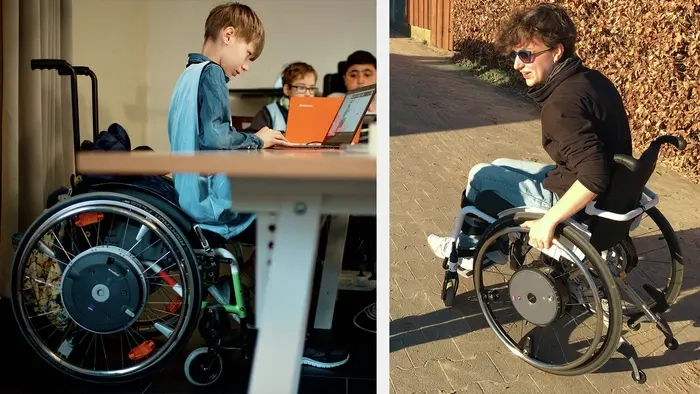 Bildcollage: Links ein Junge am Tisch, sitzend in einem Rollstuhl mit Radnabenantrieb. Rechts eine Frau im Rollstuhl.