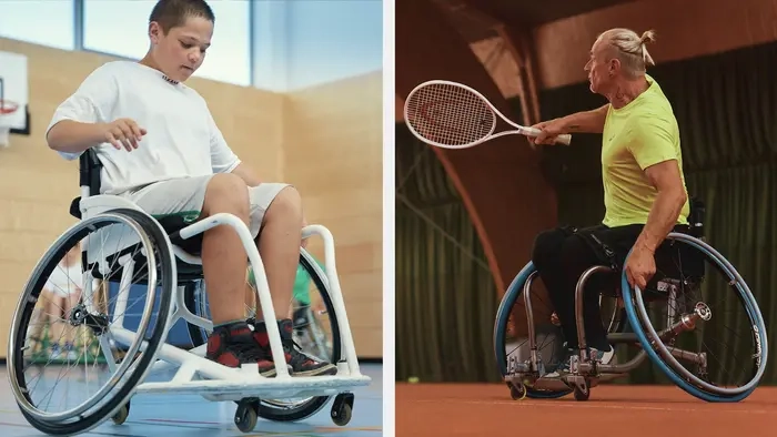 Bildcollage: Links ein Junge in einem Sportrollstuhl. Rechts ein Mann beim Tennisspielen in einem Sportrollstuhl.