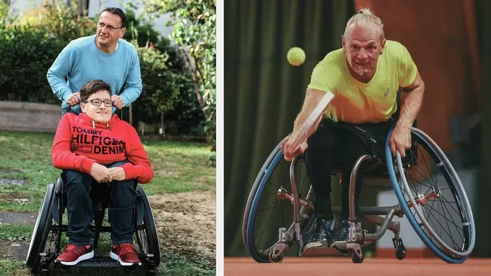 Bildcollage: Links ein Junge im Rollstuhl mit Sturz, sein Vater steht hinter ihm. Rechts sitzt ein Mann im Rollstuhl mit Sturz und spielt Tennis.