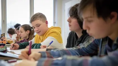 Jugendliche sitzen in einer Klasse nebeneinander und schreiben etwas in ihr Heft.