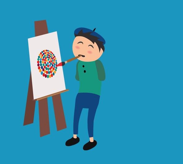 Auf hellblauem Hintergrund ist ein Inklumoji zu sehen: ein Maler mit verkürzten Armen, der im Mund einen Pinsel hat und damit auf einer Staffelei bunte Punkte malt.