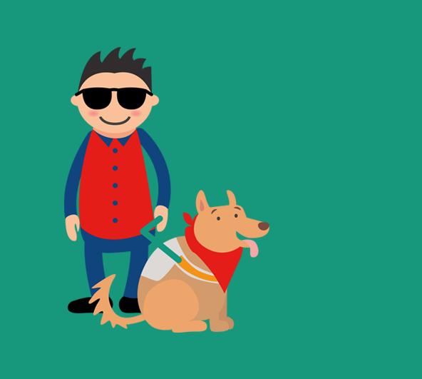 Auf grünem Hintergrund ist ein Inklumoji zu sehen: eine Figur mit einem Blindenhund.