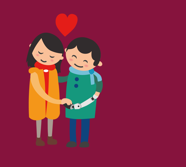 Auf bordeaux-rotem Hintergrund ist ein Inklumoji zu sehen: Zwei Figuren, die sich umarmen. Eine hat eine Armprothese.