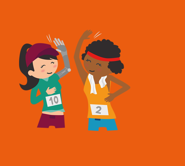 Auf orangenem Hintergrund ist ein Inklumoji zu sehen: Zwei Figuren in Sportsachen, die sich abklatschen.