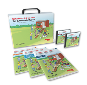 Der Musical-Koffer der Bunten Bande. Davor liegen drei Broschüren. Rechts neben dem Koffer sind zwei CDs abgebildet.