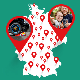 Eine Landkarte mit Bildern und Markierungen zu Förderprojektstandorten.