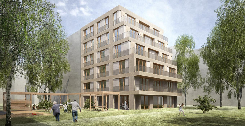 Computergefertigte Grafik von einem 6-stöckigen modernen Wohnhaus in Holzbauweise und mit Staffelgeschoss