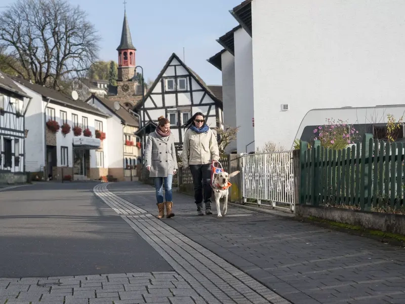 Zwei Frauen, eine mit Blindenhund, laufen eine Straße entlang