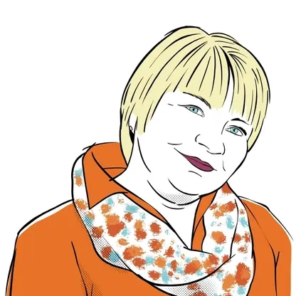 Illustration einer mittelalten Frau mit kurzen blonden Haaren, rotem Oberteil und buntem Halstuch