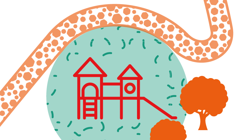 Illustration eines Spielgeräts mit mehreren Ebenen, Leiter und Rampe