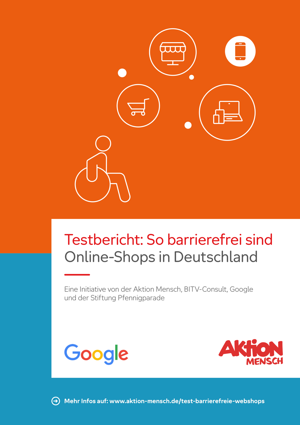 Deckblatt der Broschüre "Testbericht: So barrierefrei sind Online-Shops in Deutschland"!