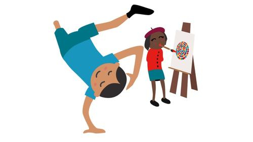 Auf weißem Hintergrund sind zwei Inklumojis der Aktion Mensch zu sehen. Die eine Figur macht einen Handstand. Ihr linkes Bein ist bis zum Knie amputiert. Die andere Figur hat keine Arme und Hände. Sie steht an einer Staffelei und nalt mit einem Pinsel in ihrem Mund das Inklusionslogo der Aktion Mensch.