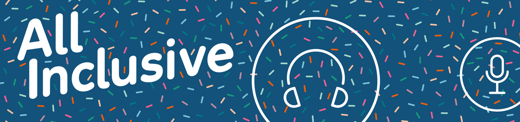 Auf blauem Hintergrund sind bunte Muster zu sehen. Darauf steht der Text "All inclusive" geschrieben.