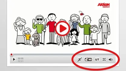 Ein Screenshot des barrierefreien Videoplayers, bei dem die Optionen Untertitel, Gebärdensprache und Audiodeskription rot umkreist sind.