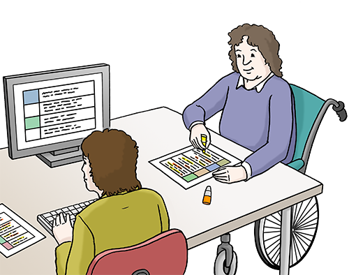Zeichnung: zwei Menschen sitzen an einem Tisch. Die eine sitzt am Computer, die andere Person sitzt im Rollstuhl.