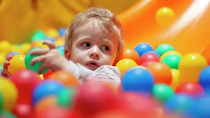 Ein kleines Kind in einem Bällebad.