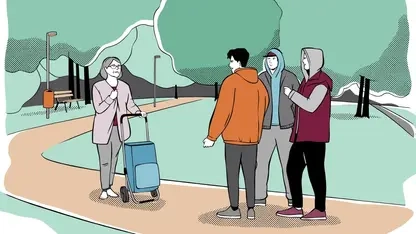 Illustration einer Frau mit Einkaufsroller, die Angst hat vor drei jungen Männern, die ihr im Weg stehen.