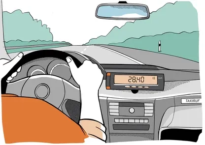 Skizze: eine Person sitzt am Lenkrad eines Autos und fährt über eine Landstraße.