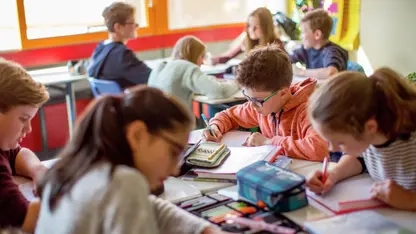 Mehrere Kinder sitzen in der Klasse der Albert-Einstein-Schule in Bad Schwalbach um einen Tisch herum und schreiben etwas in ihre Hefte. 
