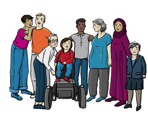 Illustration: Eine Gruppe von Menschen mit und ohne Behinderung und mit und ohne Migrationshintergrund