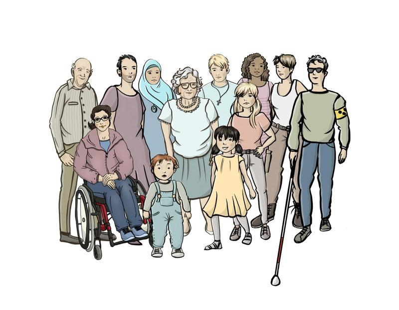Illustration: Eine Gruppe ganz verschiedener Menschen mit und ohne Behinderung