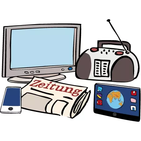 Eine Zeichnung von verschiedenen Mediengeräten, zum Beispiel Fernseher, Radio, Zeitung, Smartphone und Tablet.