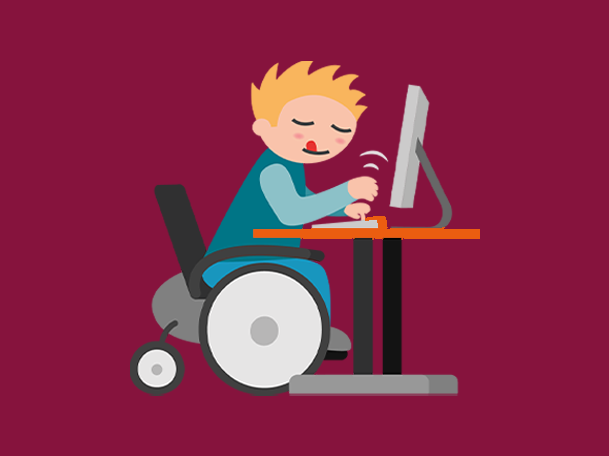 Eines der Inklumojis der Aktion Mensch vor einem bordeauxroten Hintergrund. Es zeigt eine blonde Person im Rollstuhl, die konzentriert an einem Schreibtisch sitzt und am Computer arbeitet.