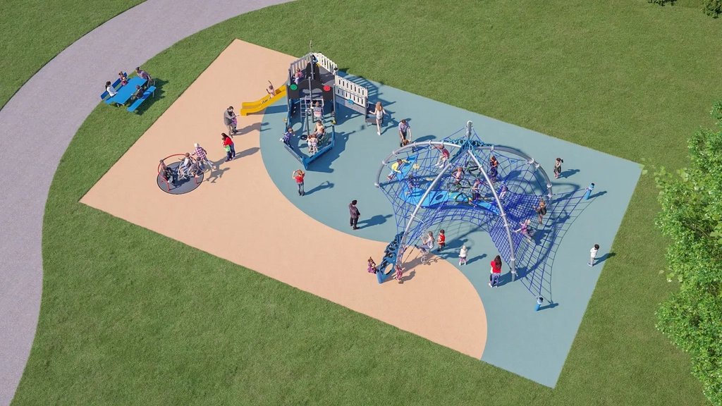 Computergrafik eines geplanten barrierefreien Spielplatzes mit Karussell, Schiffsgerüst und Kletterpyramiede